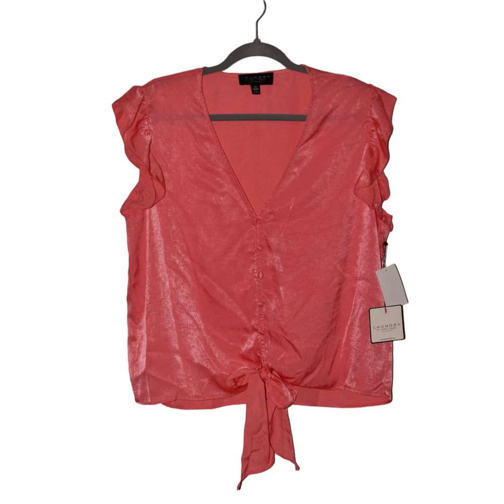 LAUNDRY SHELLI SEGAL NEW $70 Pink Ruffle V-Neck Button Up Blouse Tie‎ Bottom XL